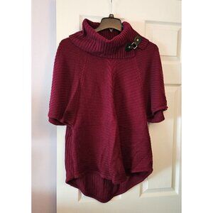 Dana Buchman Burgundy Knit Poncho W/Button Accent & Hi-Lo Hem Sz L Cozy Comfort